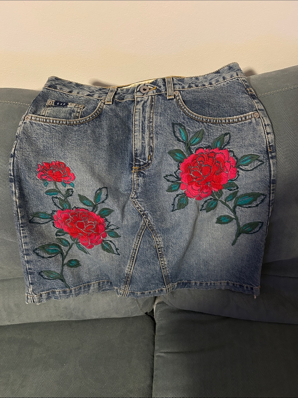 Express Denim Mini Skirt with Red Rose Embroidery